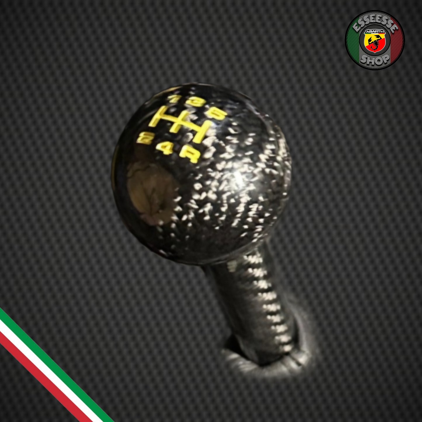 Pomello cambio in alluminio rivestito in carbonio - marce in giallo (per Fiat Abarth 500 Restyling, 595 695)
