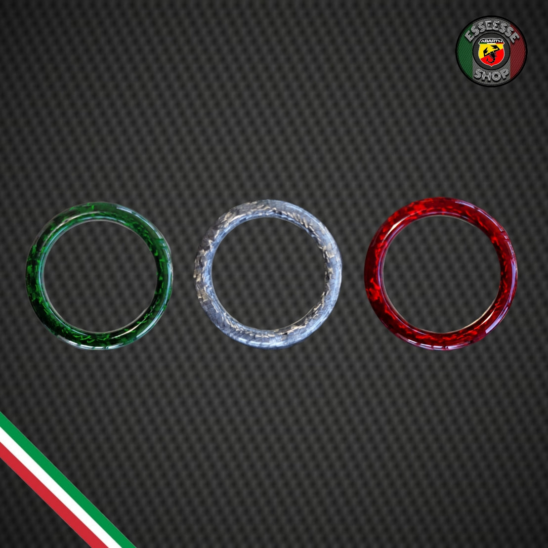 Anelli tricolori in carbonio pulsanti plancia (per Fiat Abarth 500, 595, 695)